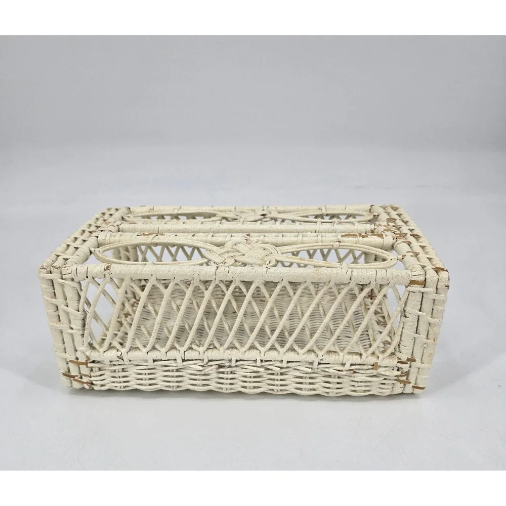 Vintage White Wicker Tissue Box Cover Rattan Holder Shabby Chic Cottage Decor